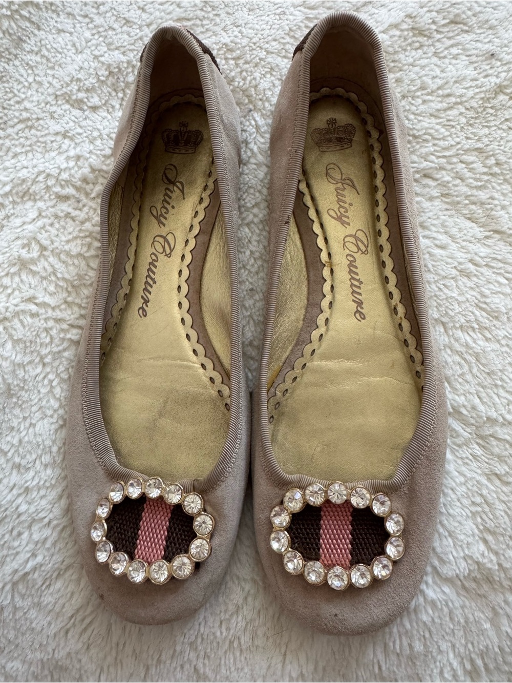 Juicy Couture Taupe Suede Flats with Rhinestone Medallion - Picture 2 of 6